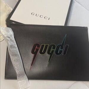 Gucci Black Leather Pouch with Rainbow Logo Embroidery